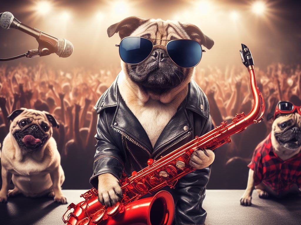 Un chien rocker joue du sax