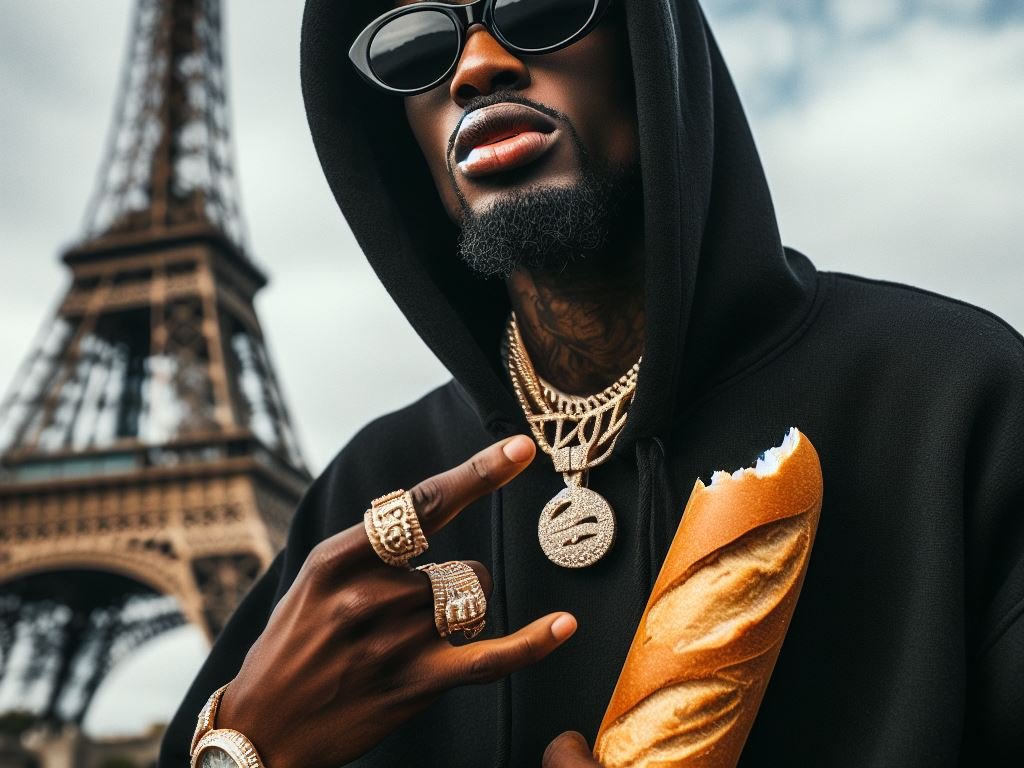 Rappeur avec une baguette de pain devant la Tour Eiffel